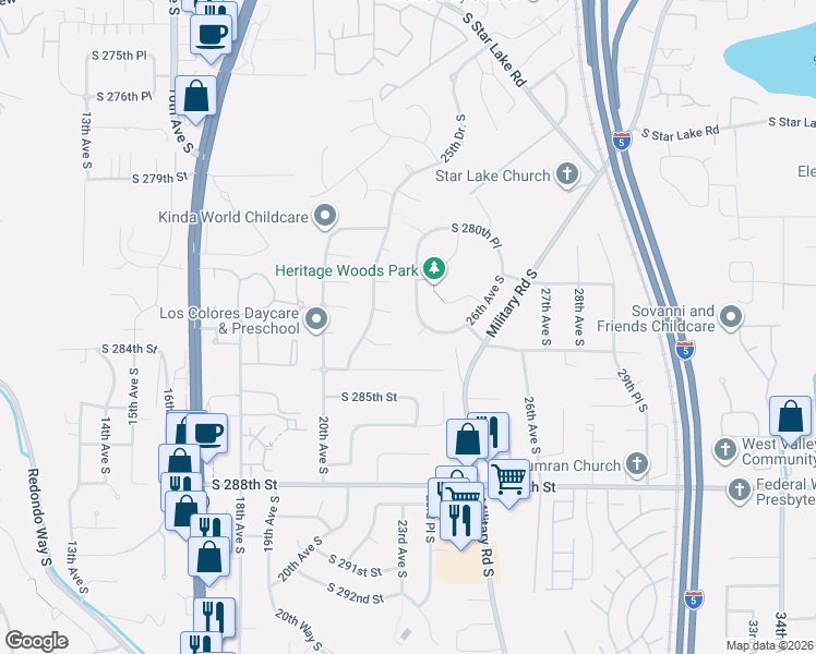 map of restaurants, bars, coffee shops, grocery stores, and more near 2322 South 284th Court in Federal Way