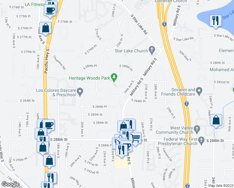 map of restaurants, bars, coffee shops, grocery stores, and more near 2415 South 284th Place in Federal Way
