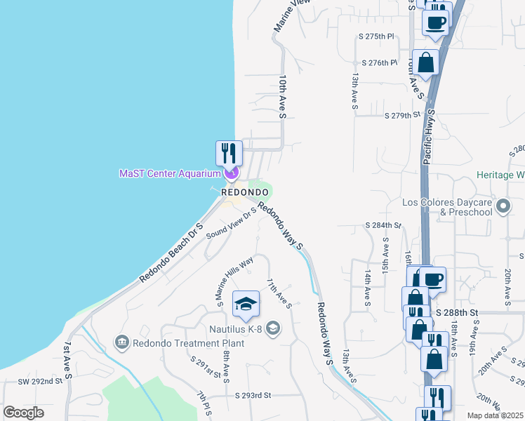 map of restaurants, bars, coffee shops, grocery stores, and more near 28313 Redondo Way South in Des Moines