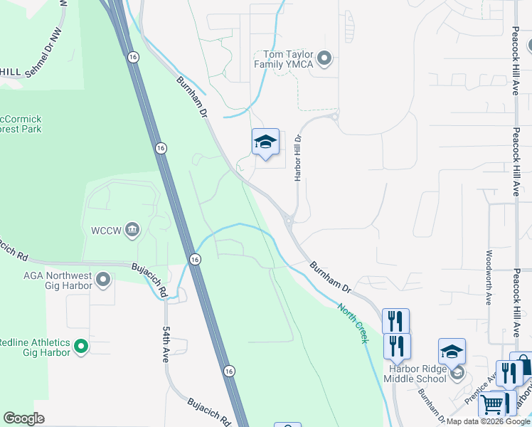 map of restaurants, bars, coffee shops, grocery stores, and more near 9760 Burnham Drive in Gig Harbor