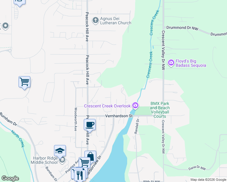 map of restaurants, bars, coffee shops, grocery stores, and more near 9804 Ridgeway Drive in Gig Harbor