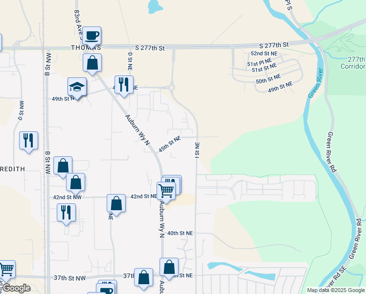 map of restaurants, bars, coffee shops, grocery stores, and more near 802 45th Street Northeast in Auburn