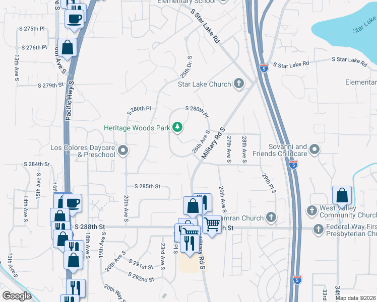 map of restaurants, bars, coffee shops, grocery stores, and more near 2415 South 284th Place in Federal Way