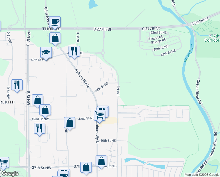 map of restaurants, bars, coffee shops, grocery stores, and more near 802 45th Street Northeast in Auburn