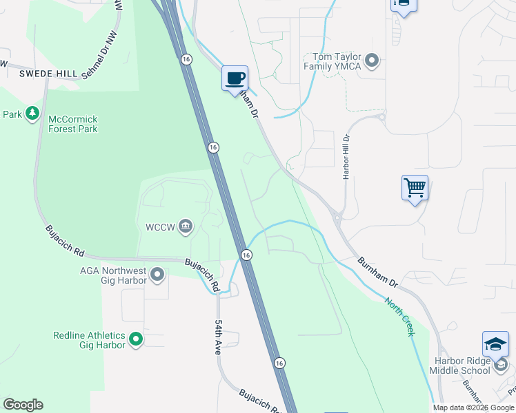 map of restaurants, bars, coffee shops, grocery stores, and more near 9779 Prospect Place in Gig Harbor