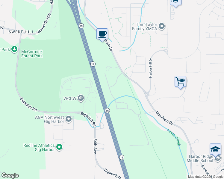 map of restaurants, bars, coffee shops, grocery stores, and more near 9779 Prospect Place in Gig Harbor