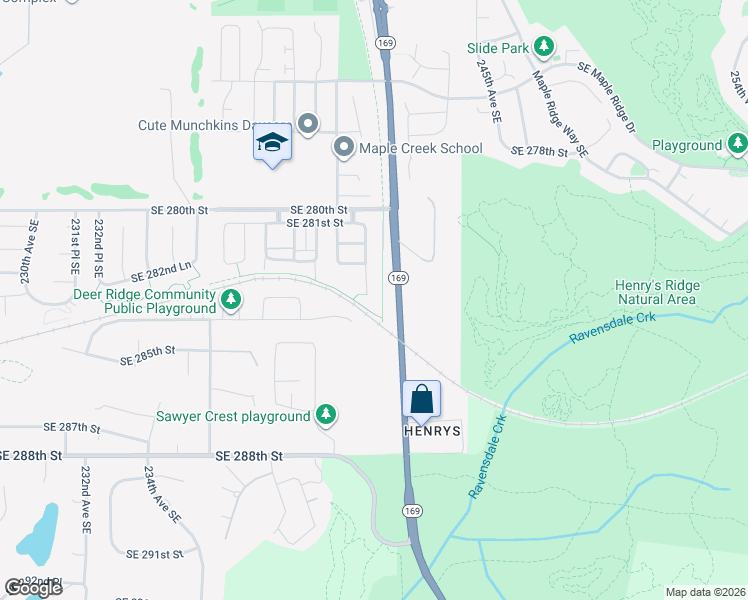 map of restaurants, bars, coffee shops, grocery stores, and more near 28250 241st Avenue Southeast in Maple Valley