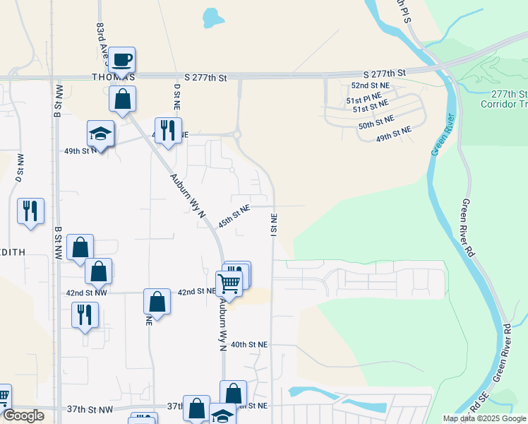 map of restaurants, bars, coffee shops, grocery stores, and more near 802 45th Street Northeast in Auburn