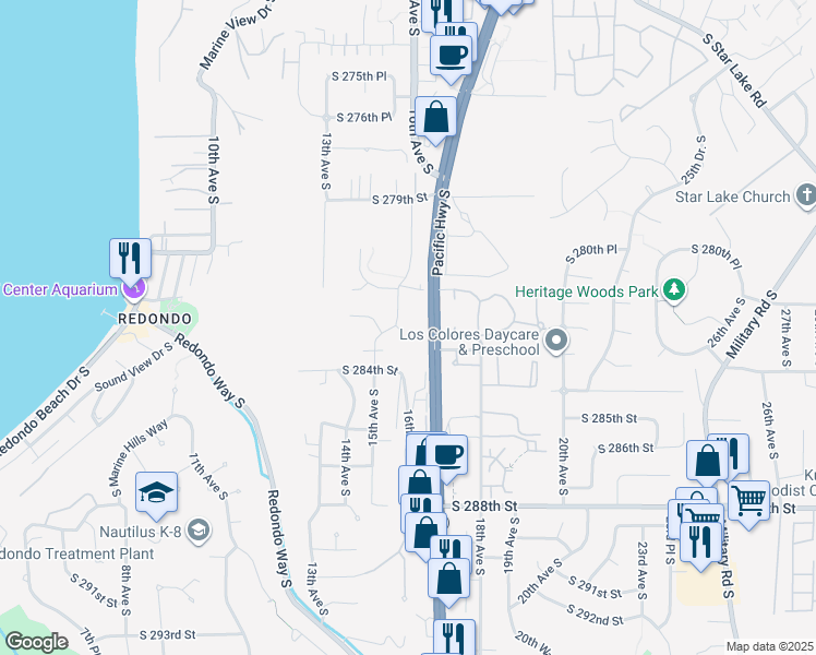map of restaurants, bars, coffee shops, grocery stores, and more near 28323 Pacific Highway South in Federal Way
