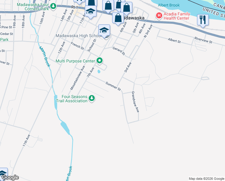 map of restaurants, bars, coffee shops, grocery stores, and more near 449 Summer Street in Madawaska