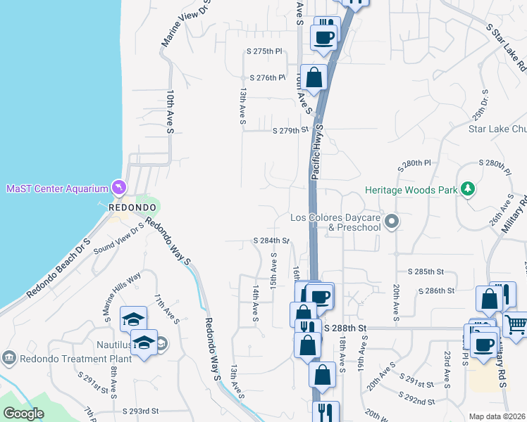 map of restaurants, bars, coffee shops, grocery stores, and more near 1404 South 282nd Place in Federal Way