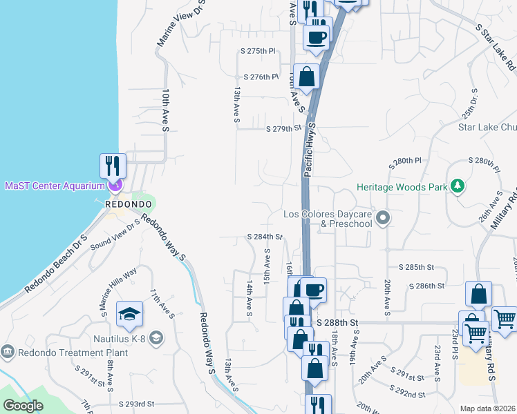 map of restaurants, bars, coffee shops, grocery stores, and more near 1404 South 282nd Place in Federal Way