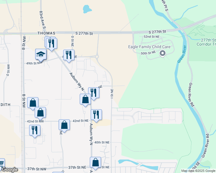 map of restaurants, bars, coffee shops, grocery stores, and more near 802 45th Street Northeast in Auburn