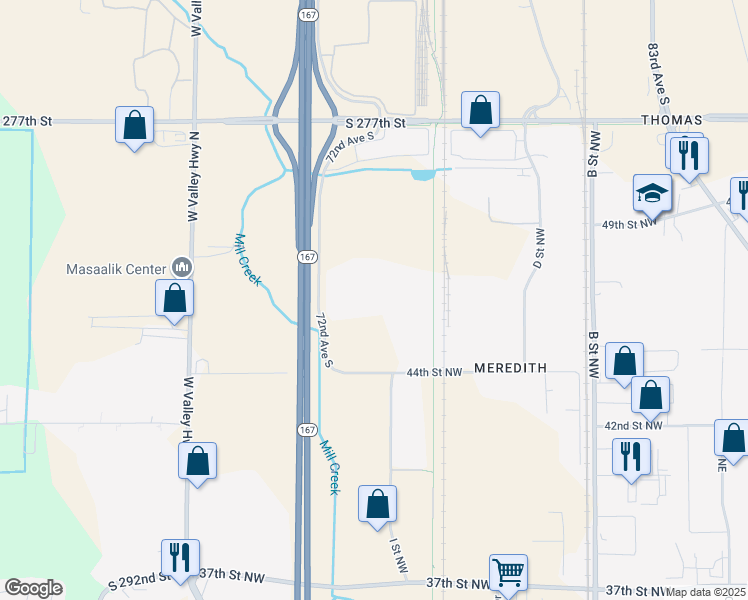 map of restaurants, bars, coffee shops, grocery stores, and more near 4510 Frontage Road Northwest in Auburn