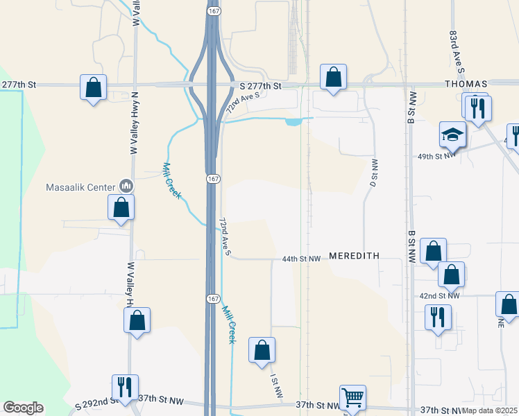 map of restaurants, bars, coffee shops, grocery stores, and more near 4510 Frontage Road Northwest in Auburn