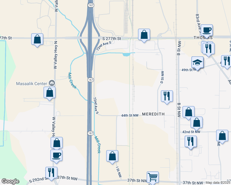 map of restaurants, bars, coffee shops, grocery stores, and more near 4510 Frontage Road Northwest in Auburn