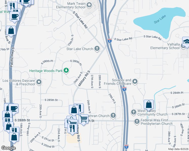 map of restaurants, bars, coffee shops, grocery stores, and more near 2712 South 282nd Street in Federal Way