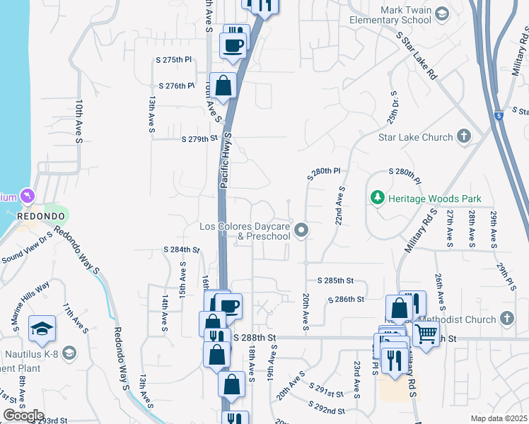 map of restaurants, bars, coffee shops, grocery stores, and more near 1817 South 281st Place in Federal Way
