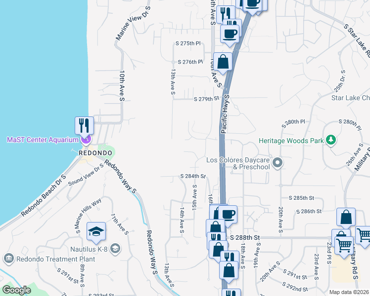 map of restaurants, bars, coffee shops, grocery stores, and more near 1404 South 282nd Place in Federal Way