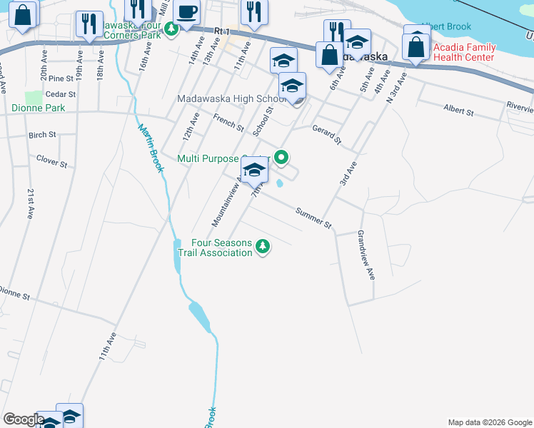 map of restaurants, bars, coffee shops, grocery stores, and more near 410 Winter Street in Madawaska