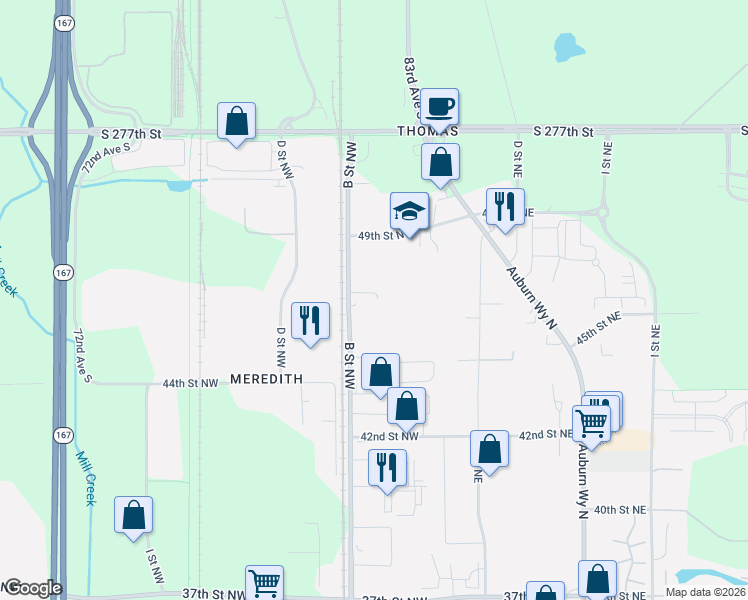 map of restaurants, bars, coffee shops, grocery stores, and more near 4628 B Street Northwest in Auburn