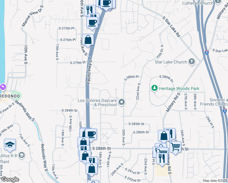 map of restaurants, bars, coffee shops, grocery stores, and more near 28115 19th Place South in Federal Way