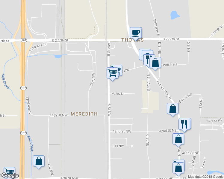 map of restaurants, bars, coffee shops, grocery stores, and more near 4628 B Street Northwest in Auburn