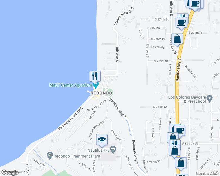 map of restaurants, bars, coffee shops, grocery stores, and more near 28200 9th Avenue South in Des Moines