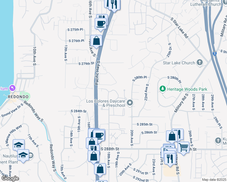map of restaurants, bars, coffee shops, grocery stores, and more near 1817 South 281st Place in Federal Way
