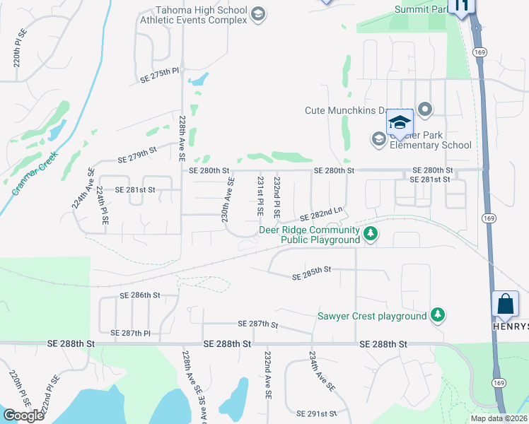 map of restaurants, bars, coffee shops, grocery stores, and more near 28118 231st Place Southeast in Maple Valley