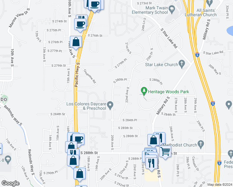 map of restaurants, bars, coffee shops, grocery stores, and more near 2008 South 282nd Street in Federal Way