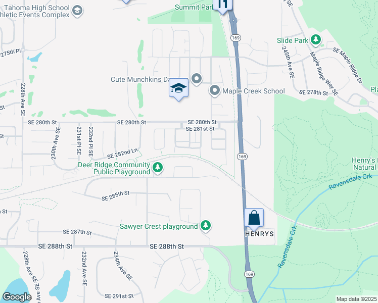 map of restaurants, bars, coffee shops, grocery stores, and more near 23837 Southeast 282nd Street in Maple Valley