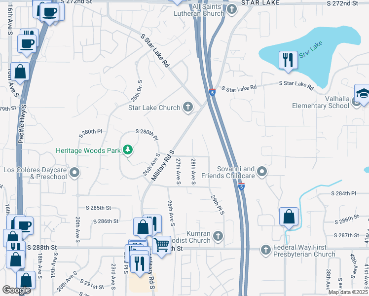 map of restaurants, bars, coffee shops, grocery stores, and more near 2712 South 282nd Street in Federal Way