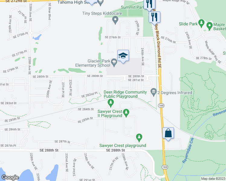 map of restaurants, bars, coffee shops, grocery stores, and more near 23636 Southeast 282nd Street in Maple Valley