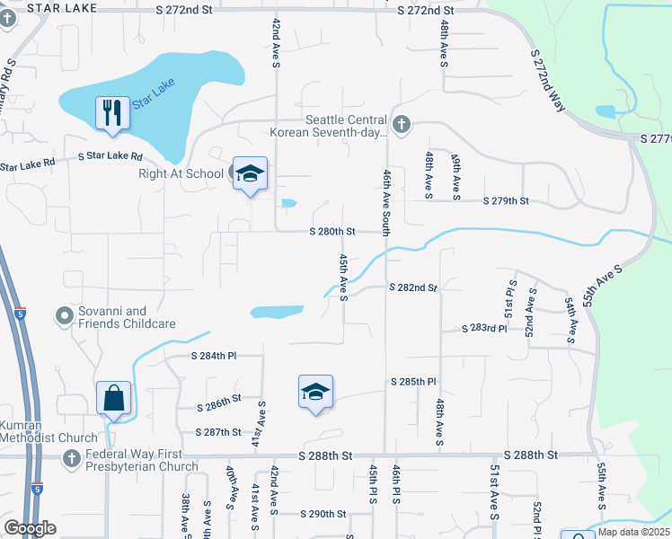 map of restaurants, bars, coffee shops, grocery stores, and more near 28123 45th Avenue South in Auburn