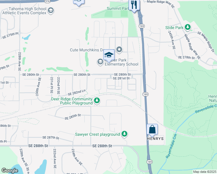 map of restaurants, bars, coffee shops, grocery stores, and more near 23806 Southeast 282nd Street in Maple Valley