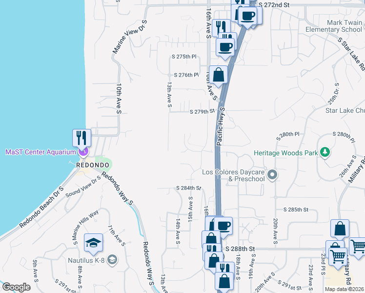map of restaurants, bars, coffee shops, grocery stores, and more near 28041 14th Court South in Des Moines