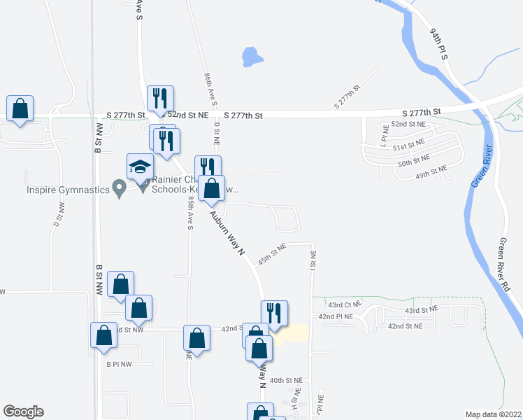 map of restaurants, bars, coffee shops, grocery stores, and more near 372-898 49th St NE in Auburn