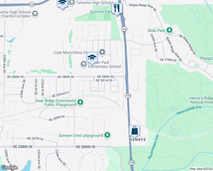map of restaurants, bars, coffee shops, grocery stores, and more near 28124 239th Place Southeast in Maple Valley