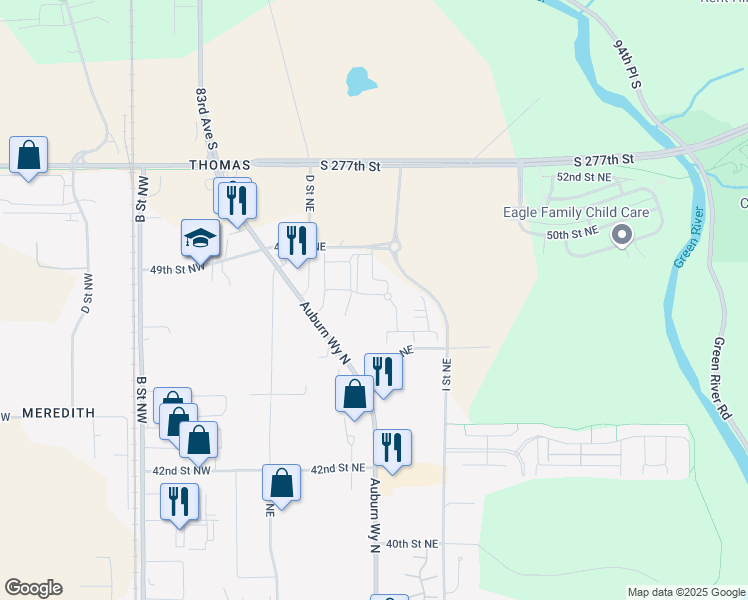 map of restaurants, bars, coffee shops, grocery stores, and more near 4750 Auburn Way North in Auburn