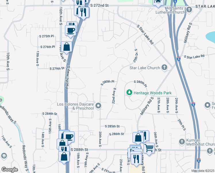 map of restaurants, bars, coffee shops, grocery stores, and more near 2002 South 280th Place in Federal Way