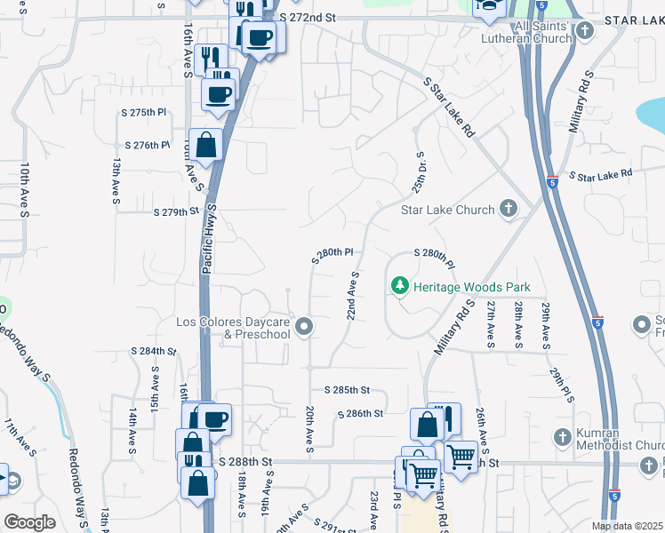 map of restaurants, bars, coffee shops, grocery stores, and more near 2002 South 280th Place in Federal Way