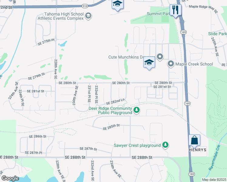 map of restaurants, bars, coffee shops, grocery stores, and more near 28004 234th Avenue Southeast in Maple Valley