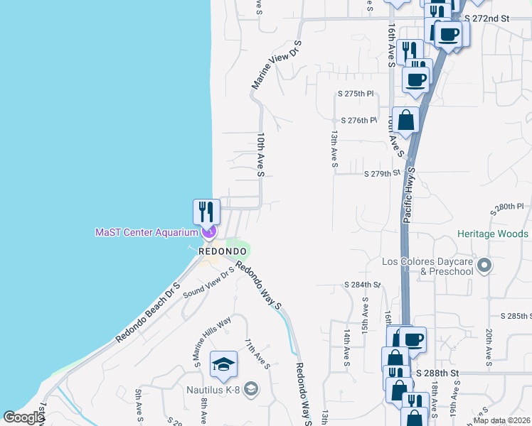 map of restaurants, bars, coffee shops, grocery stores, and more near 28104 10th Avenue South in Des Moines