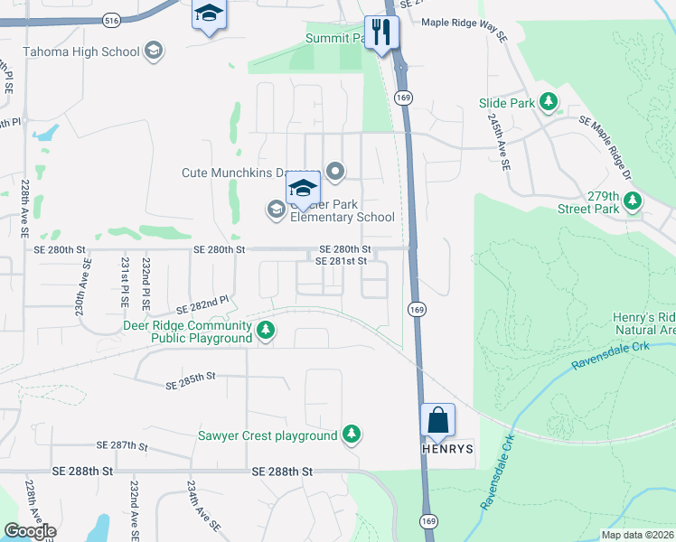 map of restaurants, bars, coffee shops, grocery stores, and more near 23834 Southeast 281st Street in Maple Valley