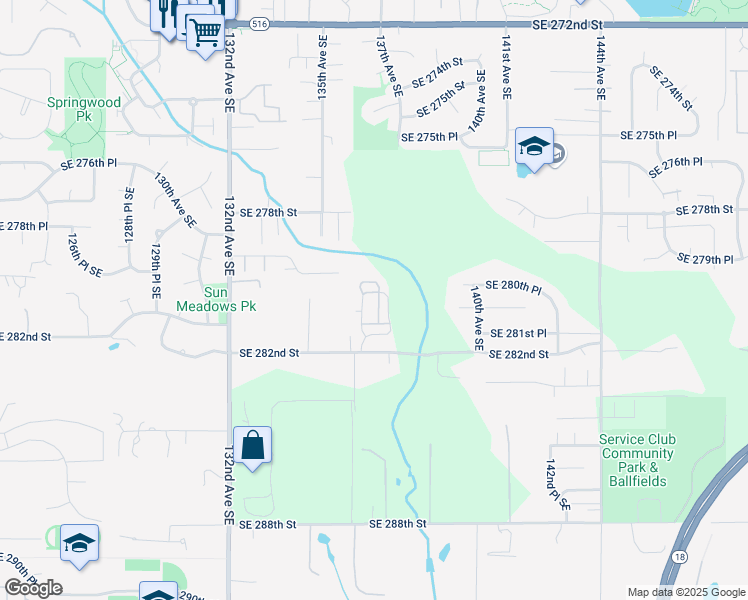 map of restaurants, bars, coffee shops, grocery stores, and more near 13604 Southeast 280th Court in Kent
