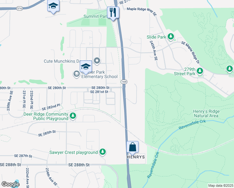 map of restaurants, bars, coffee shops, grocery stores, and more near 28110 241st Avenue Southeast in Maple Valley