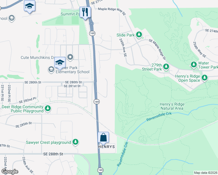 map of restaurants, bars, coffee shops, grocery stores, and more near 28020 243rd Avenue Southeast in Maple Valley