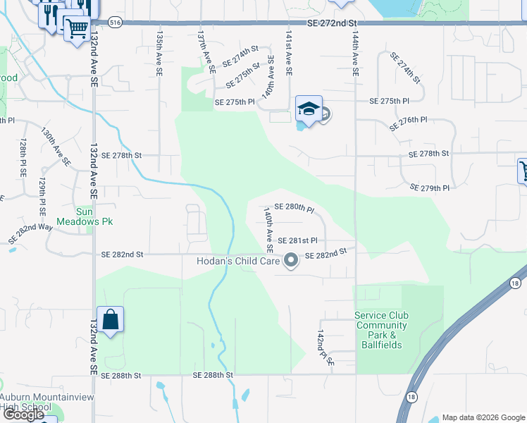 map of restaurants, bars, coffee shops, grocery stores, and more near 13918 Southeast 280th Place in Kent