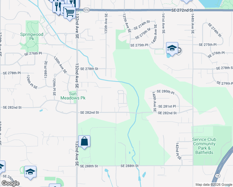map of restaurants, bars, coffee shops, grocery stores, and more near 13532 Southeast 280th Court in Kent